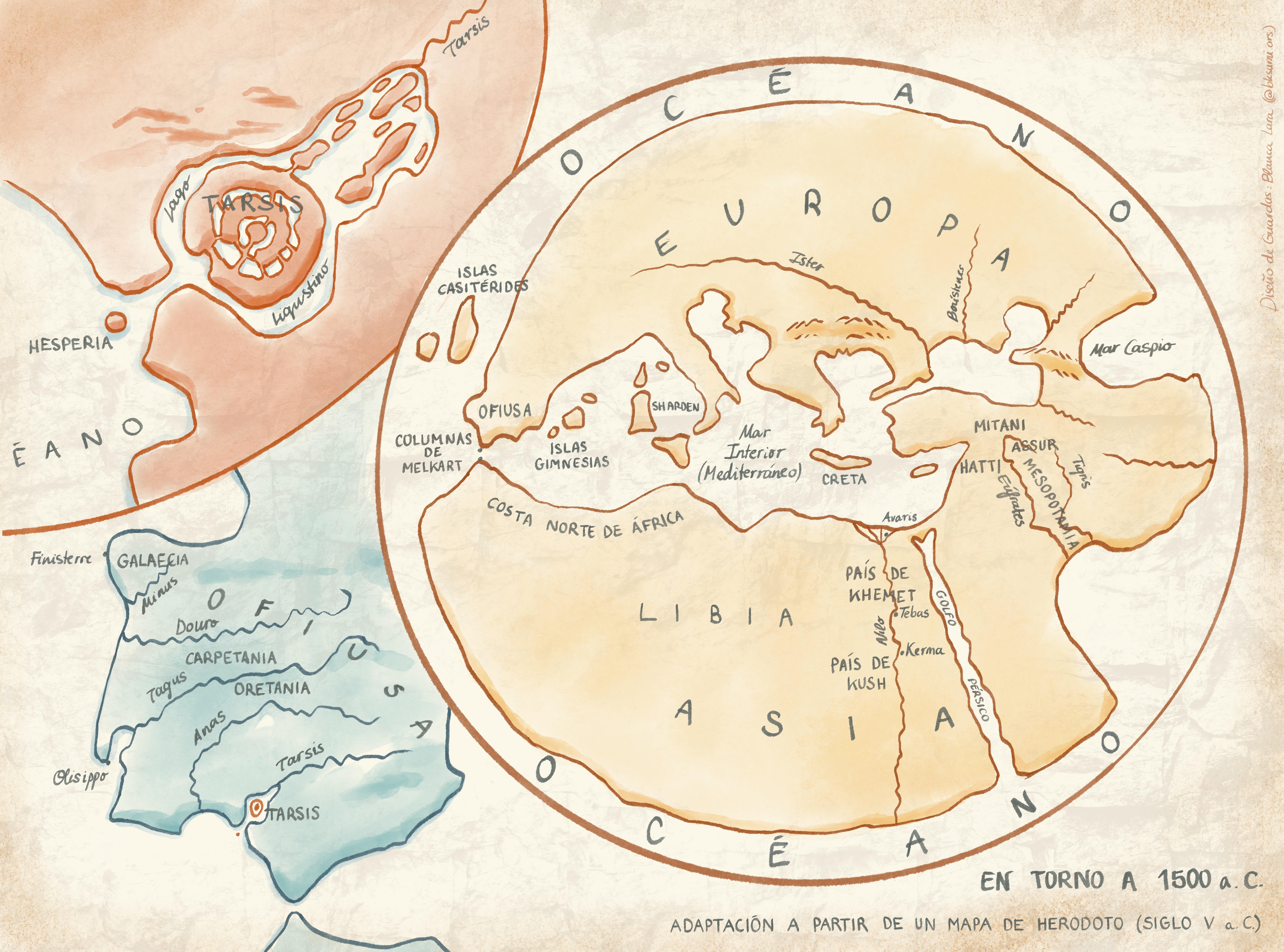 Mapa del mundo de Tarsis adaptado a partir de la geografía de Heródoto